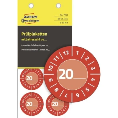 Abbildung von AVERY Zweckform 80 Stück Prüfplaketten 20xx (mit Jahreszahl zum selber eintragen, widerstandsfähig, stark selbstklebend, Ø30 mm, Prüfaufkleber, beschriftbare Prüfsiegel aus Vinyl Klebefolie) 7901 rot