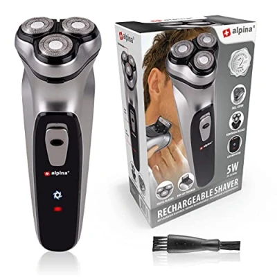Abbildung von alpina Rasierer Herren USB Akku 3 schwimmende Scherköpfe Pop Up Trimmer mit Reinigungsbürste und Schutzkappe Kabel