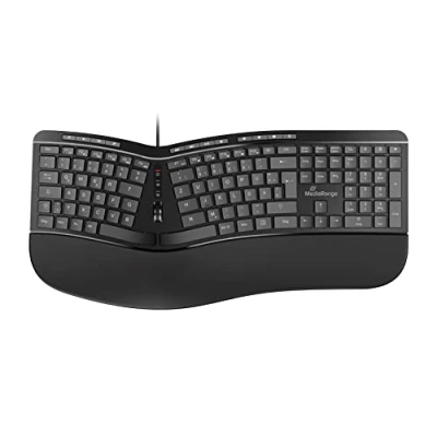 Abbildung von MediaRange Ergonomische Tastatur, kabelgebundene Multimedia Tastatur mit 124 Tasten und Scroll Rad, deutsches QWERTZ Layout, spritzwassergeschützt &amp; höhenverstellbar, Farbe schwarz