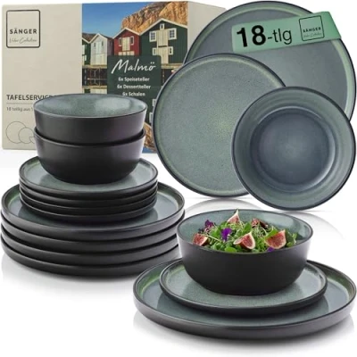Abbildung von SÄNGER Malmö Steingut Geschirr Set 18 tlg, Teller 6 Personen, Geschirrset 6x Speiseteller Müslischalen Dessertteller, Tafelservice dunkelgrün kratzfest, Essgeschirr VALUE COLLECTION