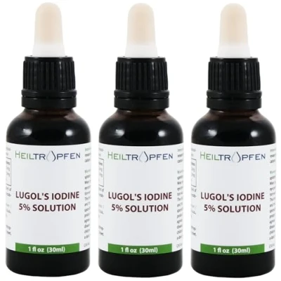 Abbildung von 3x Lugolsche Jodlösung 5% 30 ml Inhaltsstoffe in pharmazeutischer Qualität 15% liquid Formulierung 5 Prozent elementares Jod und 10% Kaliumjodid Heiltropfen®