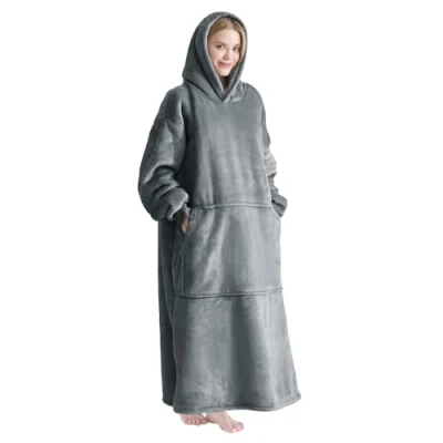 Abbildung von Good Nite Decke mit Ärmeln für Frauen und Männer Sherpa kuscheldecke Tragbare Decken Adult Cosy Sweater Warm Übergroßer hoodie Taschen Grau 90x130 cm