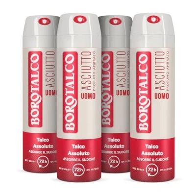 Abbildung von Borotalco, Deodorant für Herren, trockenes bernsteinfarbenes Spray, mit absolutem Talkum, absorbiert Schweiß, ohne Alkohol, bernsteinfarbener Duft, 72h Wirksamkeit 4 Stück à 150 ml Exklusiv von