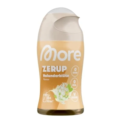 Abbildung von MORE Zerup, Holunderblüte, 65 ml, für bis zu 8 l Fertiggetränk, zuckerfreier Sirup mit echten Fruchtextrakten, vegan, zero Kalorien made in Germany