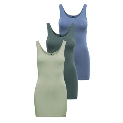 Abbildung von ONLY Damen Onllive Love Long Tank Top 3er Pack für Frauen, Desert Sage/Balsam Green/China Blue, XXXL