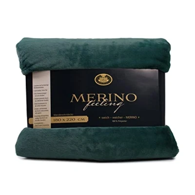 Abbildung von Gözze Gemütliche Kuscheldecke, Merino Feeling, Wendbar, Hohe Dichte 600 g/m², 180 x 220 cm Dunkelgrün