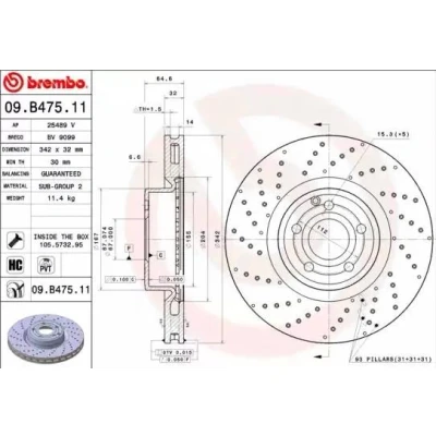 Abbildung von BREMBO COATED DISC LINE 09.B475.11 Bremsscheibe 342 32 5 gelocht/innenbel. beschichtet hochgekohlt mit Schrauben MERCEDES BENZ: SL Convertible