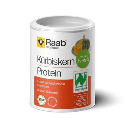 Abbildung von Raab Vitalfood Bio Kürbiskern Protein Pulver, reines Proteinpulver mit 59 % Eiweiß, aus biologischem Anbau Österreich, vegan, 120 Gramm
