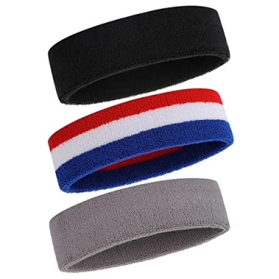 Abbildung von ONUPGO Schweißband Stirnband für Männer &amp; Frauen 3PCS Sports Stirnbänder Feuchtigkeitstransport Athletic Cotton Terry Cloth Schweißabsorbierende Kopfband (Black, Grey, Blue/White/Red)