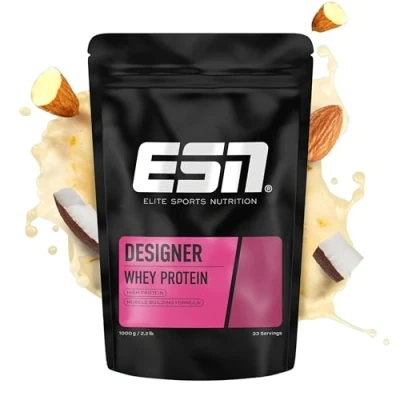 Abbildung von ESN Designer Whey Protein Pulver, Almond Coconut, 1 kg, bis zu 23 g pro Portion, ideal zum Muskelaufbau und erhalt, geprüfte Qualität made in Germany