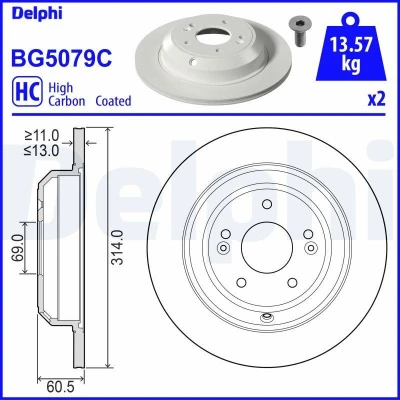 Abbildung von Bremsscheibe DELPHI BG5079C hinten, voll, hochkarbonisiert, 1 Stück