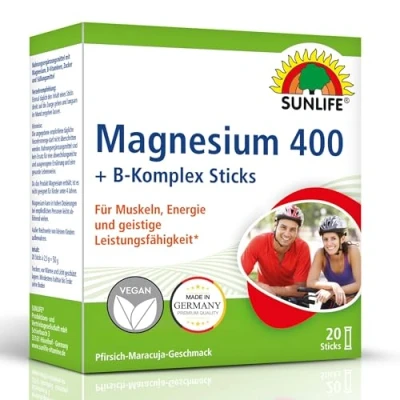 Abbildung von SUNLIFE Magnesium 400 + B Komplex Sticks 1x20 Pulver Pfirsich Maracuja Geschmack für Muskeln, Nerven &amp; Energie Direkt vegan