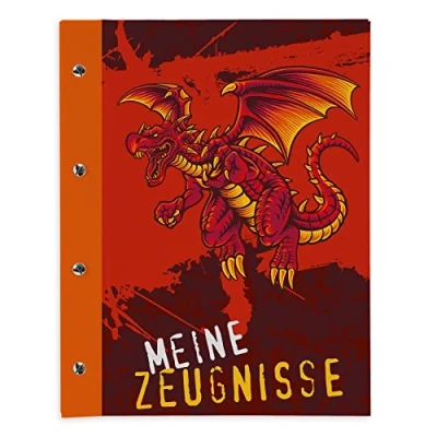 Abbildung von itenga Zeugnismappe mit Buchschrauben erweiterbar für Kinder Jugendliche Erwachsene Mädchen Jungen Schüler (Drache)