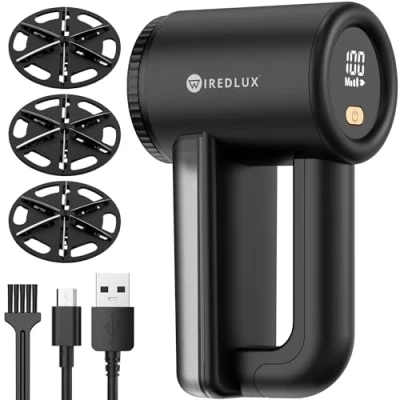 Abbildung von Fusselrasierer Elektrisch WiredLux Wiederaufladbarer Fusselentferner für Kleidung &amp; Möbel Einstellbare 3 Fach Geschwindigkeit, 6 blättrige Klinge, LED Anzeige, USB Aufladung (Schwarz)
