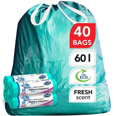 Abbildung von Stella Bio Müllbeutel 60 L 40 Stück Umweltfreundlich und recycelbar Mülltüten aus Kunststoffabfällen Ultra starke flexible Müllsäcke Frischer Duft Minzfarbe mit Zugband