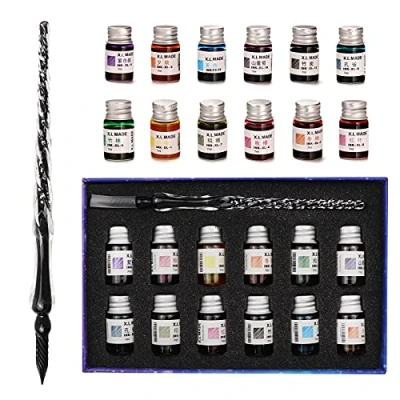 Abbildung von Aokuy Glasstifte Set kalligraphie, Kalligraphie Dip Pens,12 bunte Tinten,Kaligraphie Sets für Kunst, Schreiben, Unterschriften, Dekoration, Geschenk. (Schwarz)