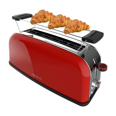 Abbildung von Cecotec Vertikaler Toaster 1 Langer Schlitz Toastin&#039; time 850 Red Long, W, 2 Scheiben Brot, 3,8 cm breiter Schlitz, Brötchenaufsatz und Krümelschublade, Edelstahl, Rot