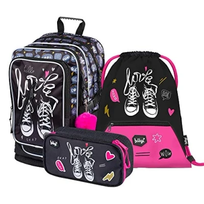 Abbildung von Baagl Schulrucksack Set Mädchen 3 Teilig Schultasche ab 3. Klasse Grundschule Ranzen mit Brustgurt Ergonomischer Schulranzen (Turnschuhe)
