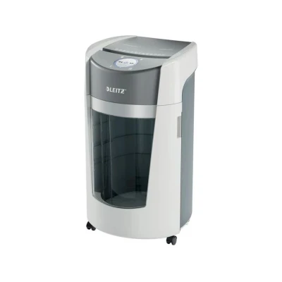 Abbildung von Leitz IQ OptiMax Office P5 Aktenvernichter mit Mikroschnitt, 12 10 Blatt (70 80 g/m²), Rotierender 35 Liter Behälter für 33% mehr Volumen (550 x A4), Extrem leise, 120 Min Dauerbetrieb, Weiß, 83600000