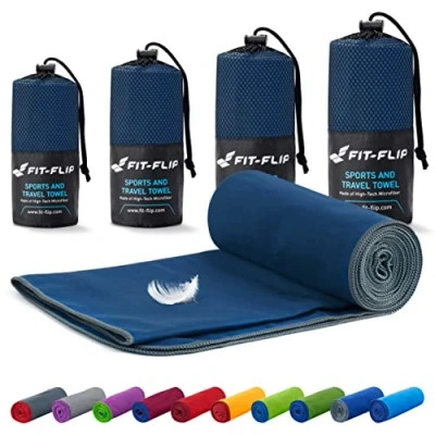 Abbildung von Fit Flip Mikrofaser Handtuch kompakt, leicht und schnelltrocknend Microfaser Handtücher als Reisehandtuch, Sporthandtuch, Strandtuch Badetuch groß (50x110cm, Marineblau Grau)