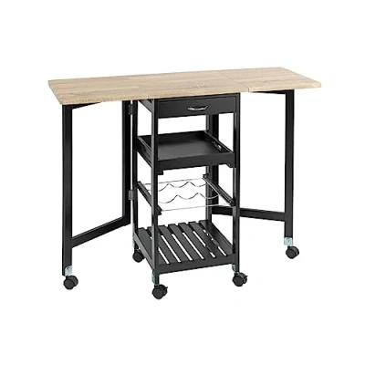 Abbildung von Maximex Küchenwagen mit Rollen 97x77x37cm, rollbarer Servierwagen ausklappbaren Seitenteilen &amp; herausnehmbarem Tablett, kompakter Rollwagen Arbeitsfläche, Schubladen Wein Fach