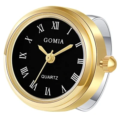 Abbildung von JewelryWe Ringuhr Fingeruhr Damen Analog Quarz Edelstahl Verstellbar Ring Uhr Fingerringuhr Uhrenring mit Schwarz Römischen Ziffern Rundem Zifferblatt und Gold Gehäuse