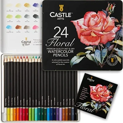 Abbildung von Castle Art Supplies Aquarellstifte zum Thema Botanik 24 erlesene, leuchtende Farben Zeichnen &amp; Malen zugleich Für erfahrene Künstler, Verschenken Exklusive Blechdose