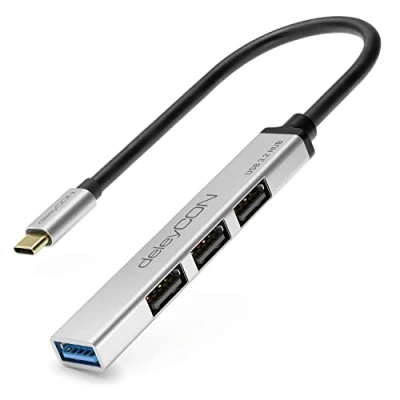Abbildung von deleyCON USB C HUB 4 Port Verteiler (1x USB3.0 / 3X USB2.0) Aluminium Gehäuse, 15cm, Für PC, Laptop, Notebook, MacBook, iMac, iPad, iPhone, Galaxy, Smartphone, Tablet Silber