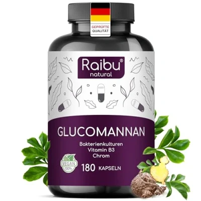 Abbildung von Glucomannan aus der Konjak Wurzel 4100mg je Tagesdosis, 180 Kapseln, Optimiert mit Bakterienkulturen, Chrom und Vitamin B3 95% Glucomannan, hohe Viskosität Raibu,in Deutschland produziert
