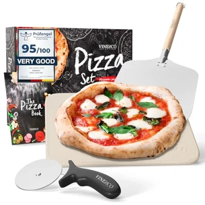 Abbildung von Pizzastein für Backofen &amp; Gasgrill Set mit Pizzaschieber Rezeptbuch Backstein Pizzaschneider Pizza Stein Steinplatte eckig Pizzaschaufel Grill Zubehör Brotbackstein Backofenstein Stone Kit