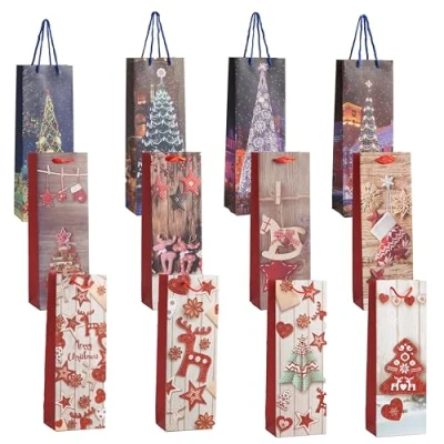 Abbildung von THE TWIDDLERS 12 Geschenktüten für Weinflaschen zu Weihnachten hochwertiges Papier mit verstärkten Henkeln 6 Designs, 2 von jedem Design, festliche Weinflaschentüte 35cmx13cm