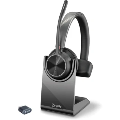 Abbildung von Poly Voyager 4310, schnurloses UC Headset und Ladestation Ein Ohr Bluetooth mit Noise Cancelling Mikrofonarm Verbindung PC/Mac/Mobiltelefon Kompatibel Teams, Zoom mehr