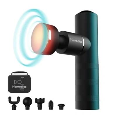Abbildung von Homedics MYTI Mini Massagepistole mit Wärmefunktion Handmassagegerät elektrisch im Taschenformat 5 Aufsätzen &amp; 4 Vibration Intensitätsstufen für Muskelentspannung Schwarz