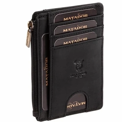 Abbildung von MATADOR Ultra Slim Wallet Montreal mit großem Reißverschlussfach Dünnes Flaches Leder Portemonnaie für Damen &amp; Herren RFID Schutz Kreditkartenetui inkl. Geschenk Box Schwarz
