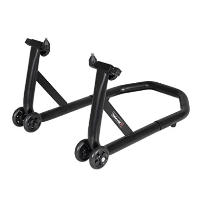 Abbildung von Rothewald Front Motorradheber aus Stahl, Universal Pinadapter, bis 300 kg, Hohe Stabilität &amp; Standfestigkeit, Montageständer, mit Doppelrollen, Leichtes Aufbocken
