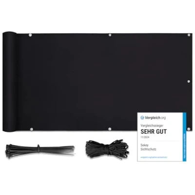 Abbildung von Sekey Balkon Sichtschutz PES Blickdichte Wetterfest Windschutz für den Gartenzaun oder Balkon, Schutz vor neugierigen Blicken, mit Ösen, Nylon Kabelbinder und Kordel, 0.9x6m Schwarz