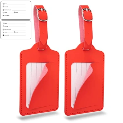 Abbildung von Premium Kofferanhänger mit Adressschild, 2 Stück, in Rot, elegantes Kunstleder Abdeckungsschutz, für Flugreise, Kreuzfahrt, usw., Namensschild Koffer Anhänger, Luggage Bag Tag, Adressanhänger