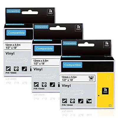 Abbildung von 3x kompatible für Dymo Rhino 18444 Industrie Vinyletiketten 12mm x 5,5m Vinyl Selbstklebendes Schriftband, 5200, 4200, 6000, 5000, 3000, 1000, Schwarz auf Weiß