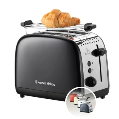 Abbildung von Russell Hobbs Toaster [für 2 Scheiben] Colours Plus Edelstahl Schwarz (extra breite Toastschlitze, inkl. Brötchenaufsatz, 6 Bräunungsstufen + Auftaufunktion, Lift &amp; Look Funktion, 1600W) 26550 56
