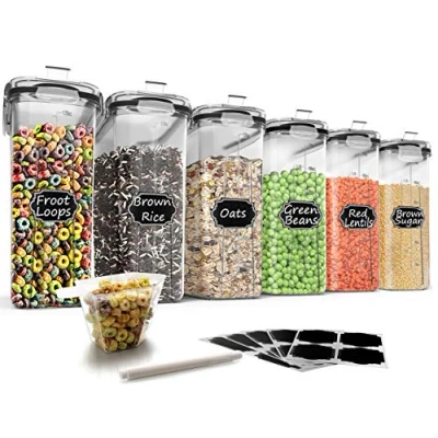 Abbildung von Wildone Müsli Behälter Set aus Kunststoff, 6 große (16,9 Tassen, 384 ml), luftdichte Frischhaltedosen auslaufsicher, BPA freier Spender Mehl, trockene Lebensmittel mit schwarz Deckel