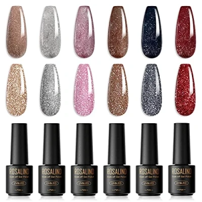 Abbildung von ROSALIND UV Nagellack, 6 Farben Mini Gel Nagellack Set Farbgel Für Gelnägel Glitzer Shellac Soak Off Nail Polish French Manicure Frauen Mutter Geschenkset DIY zu Hause
