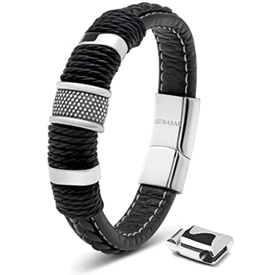 Abbildung von SERASAR Silber Armband 17cm Herrenarmband Männer Leder Armreif Herren Lederband Herrenarmreif Armschmuck Schmuck Armkette Flecht Wickelarmband Kette
