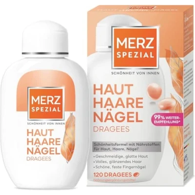 Abbildung von Merz Spezial Haut Haare Nägel Dragees Nahrungsergänzungsmittel mit 13 Mikro Nährstoffen für strahlende Haut, glänzendes Haar und feste Fingernägel 1 x 120