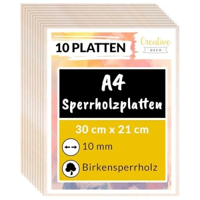 Abbildung von Creative Deco 10 x A4 Sperrholzplatte 10mm 300 210 (+/ 0,5) mm Birkensperrholz Dünne Holz Zuschnitte Perfektes Blatt für Laubsäge, Brandmalerei, Laserschnitt, CNC Router, Durchbrochenes