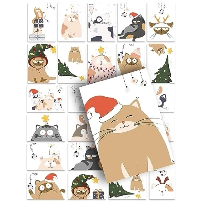 Abbildung von Weihnachtskarten 24 Stück Postkarten Katzen lustig frech süß niedlich Illustration Weihnachtspostkarten Weihnachten Xmas Funny Cats Kitten Kitty Set Mix Geschenk Grußkarte Geschenkkarte Katze Tiere