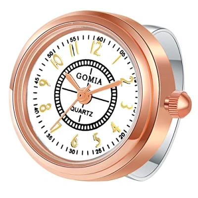 Abbildung von JewelryWe Ringuhr Fingeruhr Damen Analog Quarz Edelstahl Verstellbar Ring Uhr Fingerringuhr Uhrenring mit Minutenskala rundem Zifferblatt Rosegold