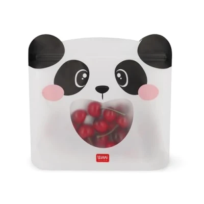 Abbildung von Legami Set mit 3 Lebensmittelbeuteln, verschiedene Größen S, M, L, wiederverschließbare Beutel, wiederverwendbar, spülmaschinenfest, praktische Snack Taschen, Panda