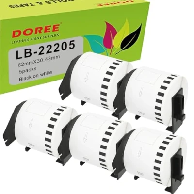 Abbildung von Doree DK 22205 DK22205 kompatible Etikettenrollen (kontinuierlich) für Brother P Touch QL 500 500A 500BS 500BW (5 Packungen)