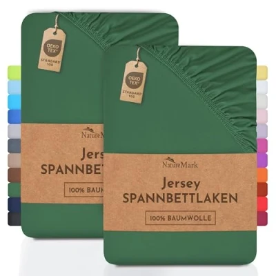 Abbildung von NatureMark 2er Pack Kinder Jersey Spannbettlaken, Spannbetttuch 100% Baumwolle in vielen Größen und Farben MARKENQUALITÄT ÖKOTEX Standard 100 70x140 cm dunkel grün