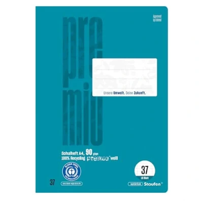 Abbildung von Staufen premio Schulheft 4 Hefte je 16 Blatt, DIN A4, Lineatur 37 (9mm liniert, Rand perforiert), 90 g/m² Recyclingpapier, runde Ecken verhindern „Eselsohren“